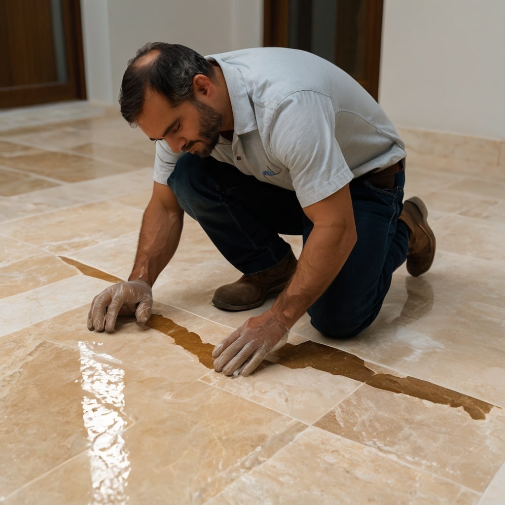 اجرای رزین و سیلر محافظ روی کفپوش سنگ تراورتن رامشه