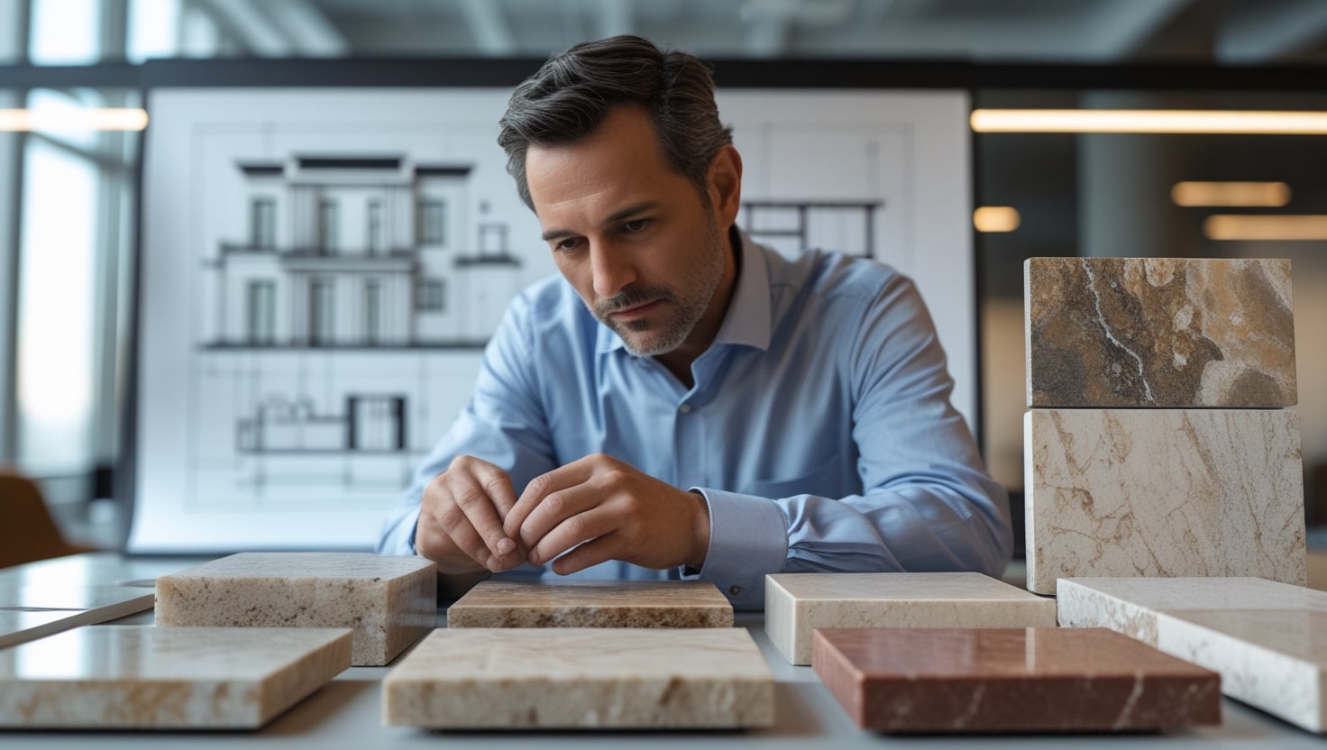 معمار در حال بررسی نمونه‌های مختلف سنگ تراورتن رامشه با فرآوری‌های متفاوت
