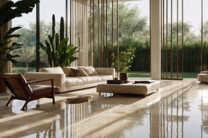 کفپوش لوکس از سنگ تراورتن صیقلی رامشه در یک پذیرایی مدرن