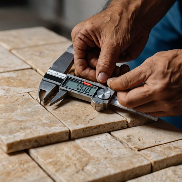 اندازه‌گیری دقیق ضخامت تایل تراورتن رامشه با کولیس دیجیتال