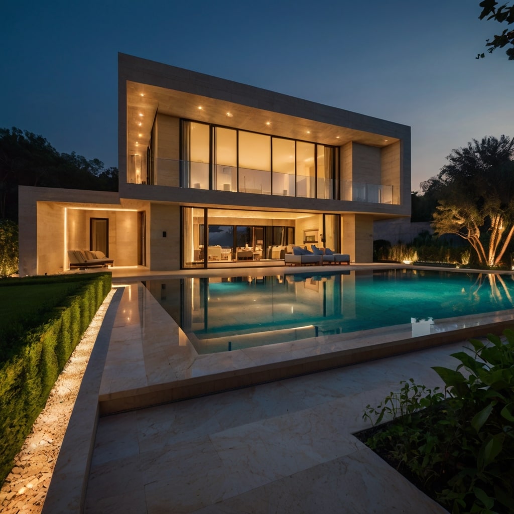 نمای یک ویلای مدرن و لوکس با سنگ تراورتن کرم رامشه