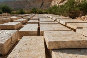 اسلب‌های تراورتن رامشه در انبار سنگ با برچسب قیمت و مشخصات