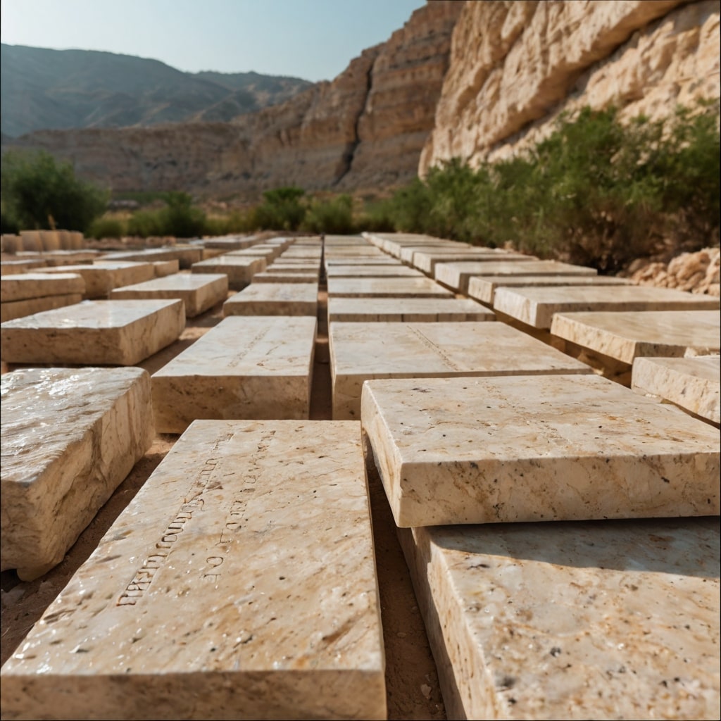 اسلب‌های تراورتن رامشه در انبار سنگ با برچسب قیمت و مشخصات