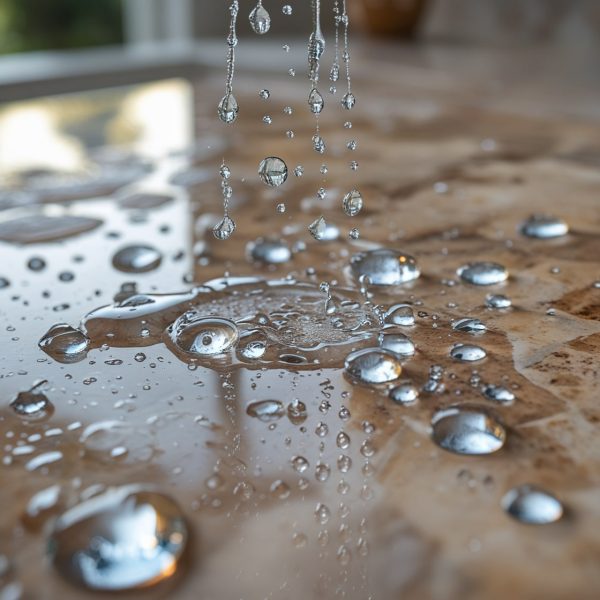 قطرات آب روی سطح رزین خورده و آب‌بندی شده سنگ تراورتن رامشه