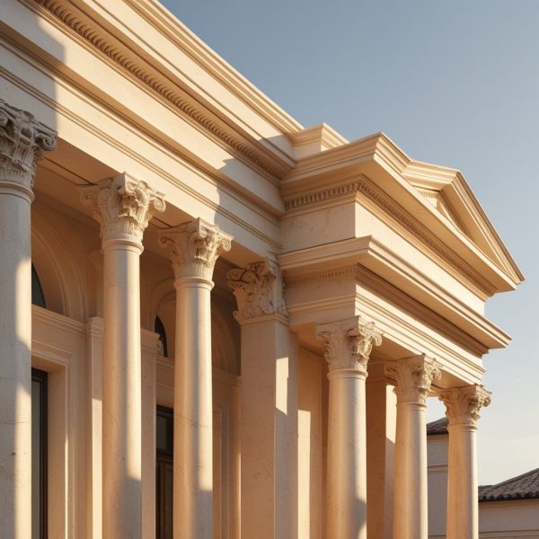 نمای رومی با شکوه اجرا شده با سنگ تراورتن کرم طبس