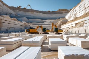 نمای گسترده از معدن سنگ تراورتن طبس با کوپ‌های بزرگ سنگ در پیش‌زمینه