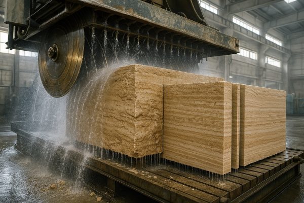 مراحل فرآوری و تولید اسلب سنگ تراورتن طبس در کارخانه سنگبری