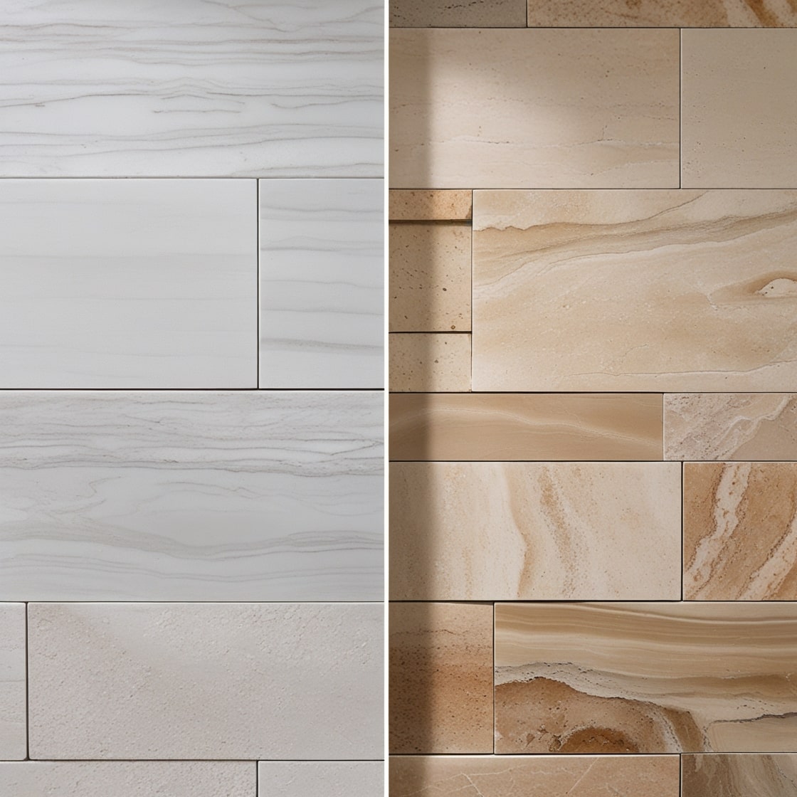 مقایسه بصری کنار هم از بافت سنگ تراورتن سفید و کرم طبس