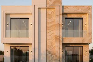 نمای ساختمان مدرن با دو نوع سنگ تراورتن، نیمه چپ عباس آباد و نیمه راست دره بخاری