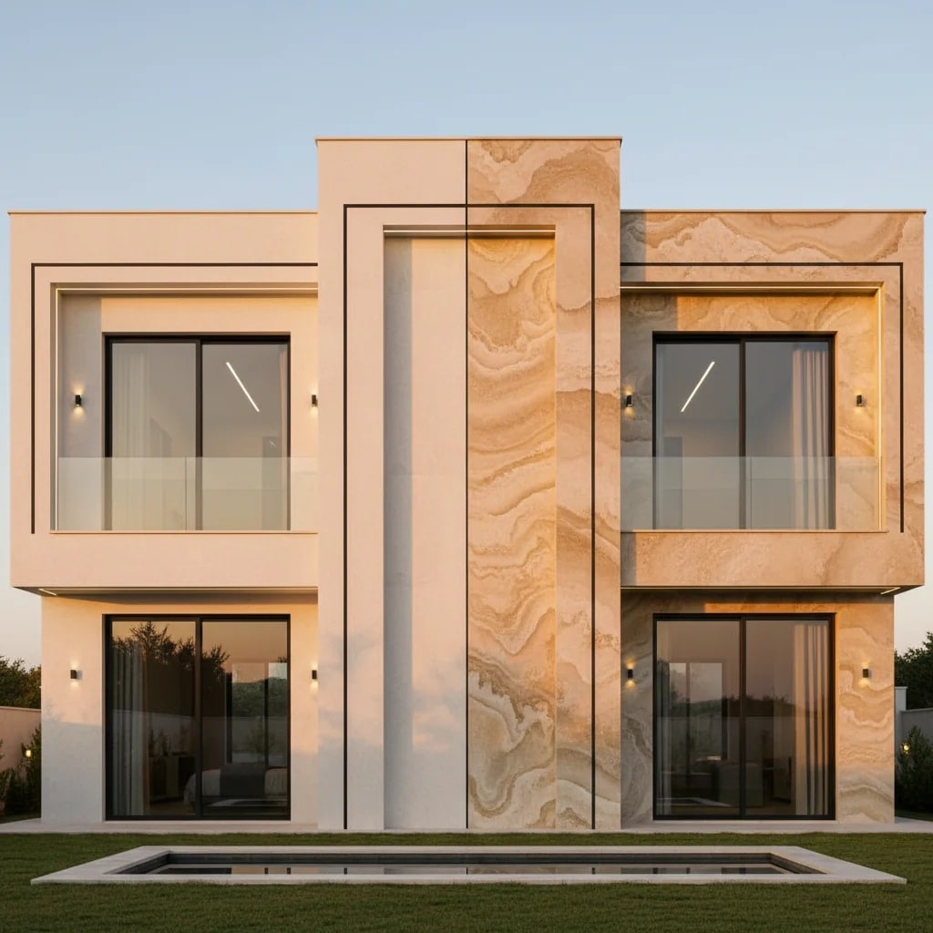 نمای ساختمان مدرن با دو نوع سنگ تراورتن، نیمه چپ عباس آباد و نیمه راست دره بخاری